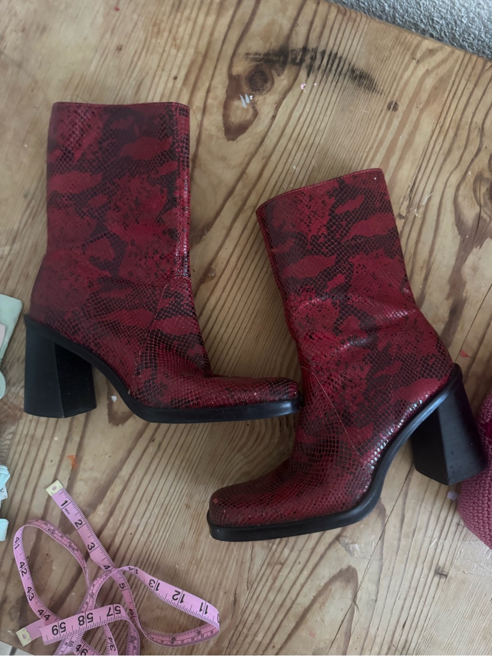MIA Red Snake-Print Block Heel Ankle Boots